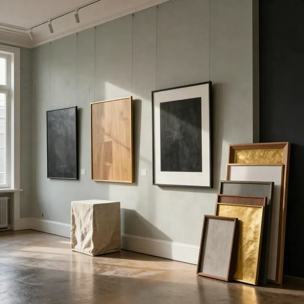 Moody gallery salon with framed art, frame samples, and a sunbeam through dust.