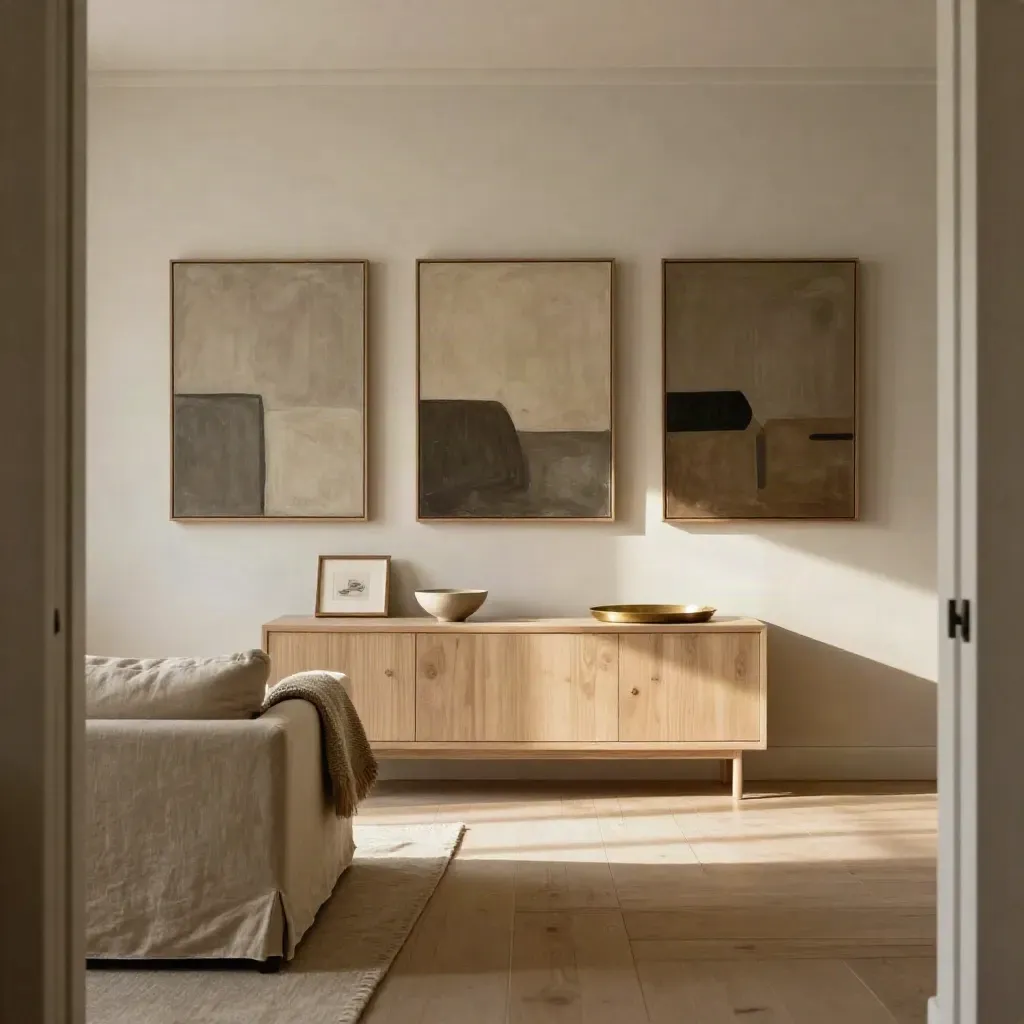Calm living room with linen sofa, oak console, and a strong contemporary art wall.