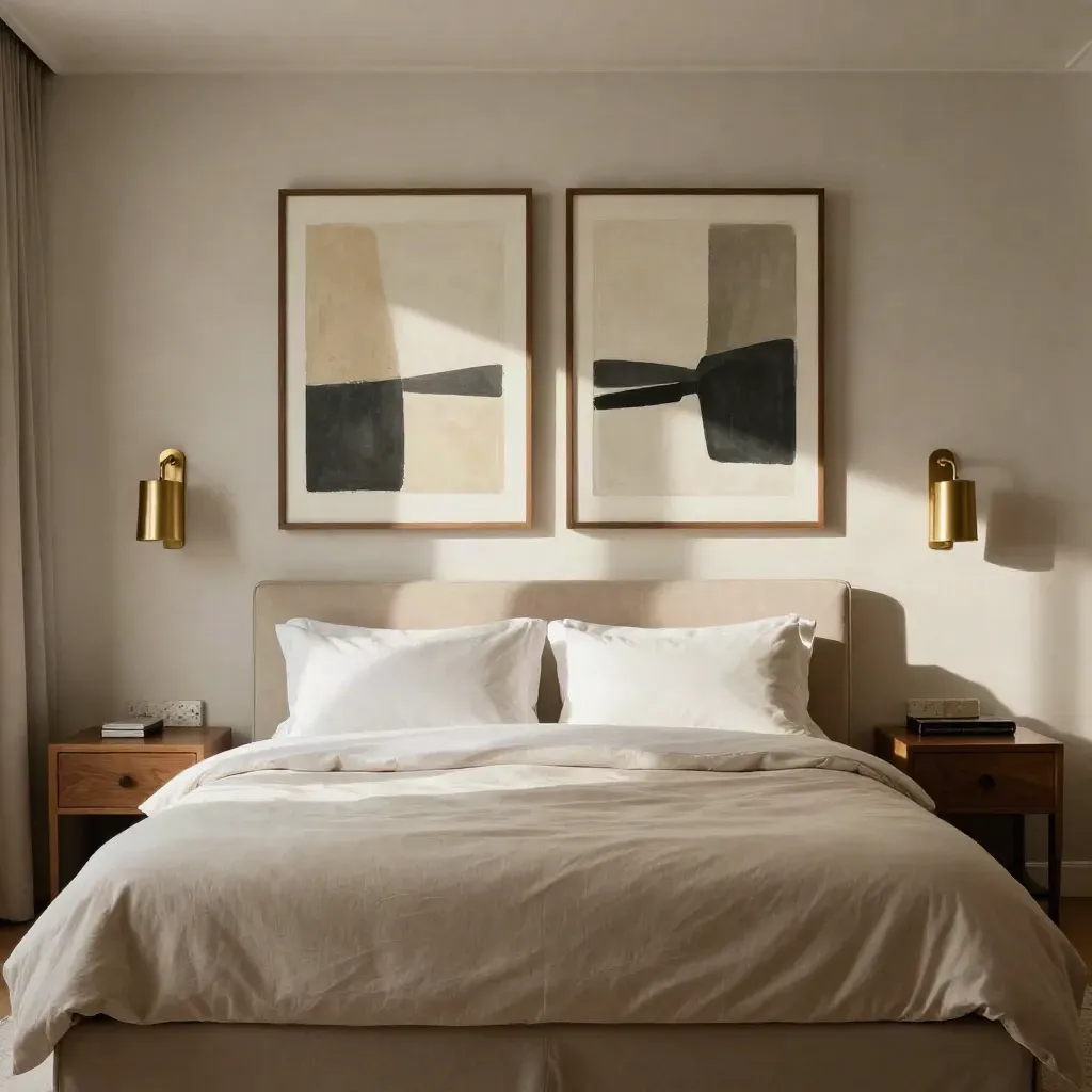 Luxurious hotel suite with oversized framed art above the bed and one piece on the far wall.