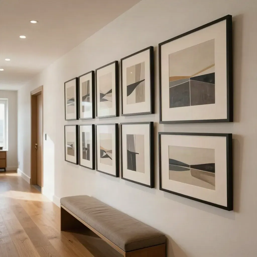 Condo hallway with a curated gallery wall, bench, and soft hidden-sconce glow