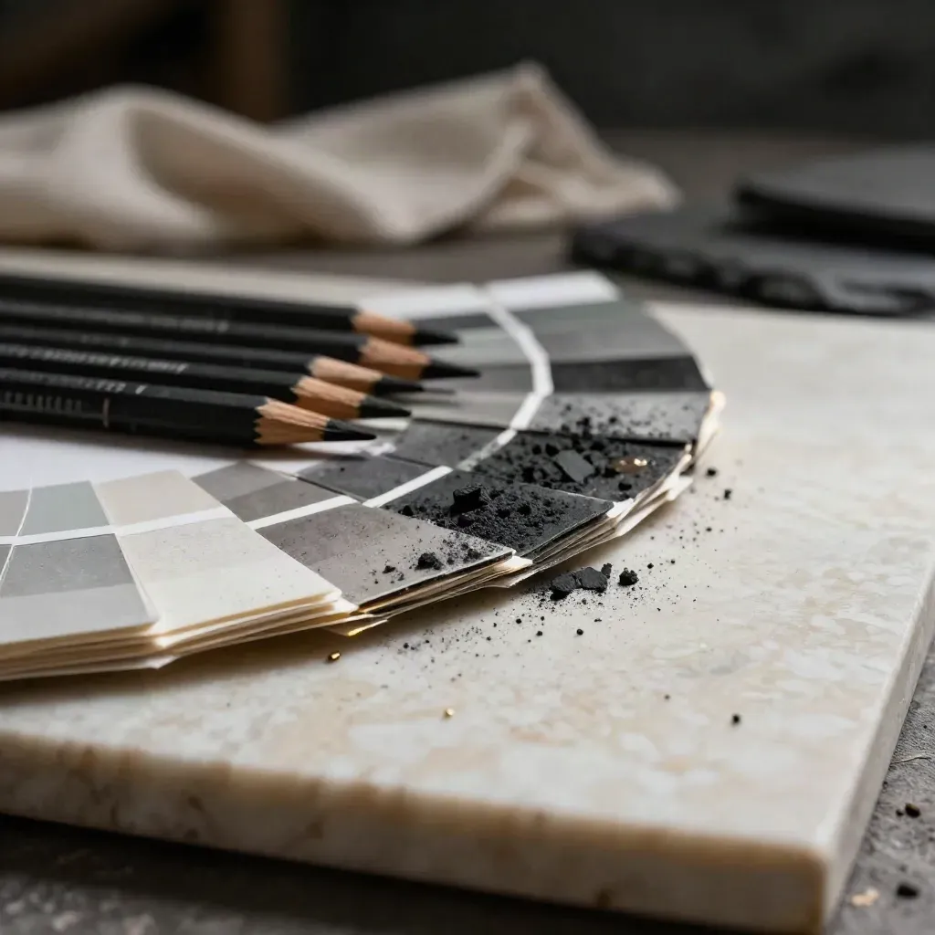 Macro still life of pigment swatches, charcoal sticks and frame chips on travertine