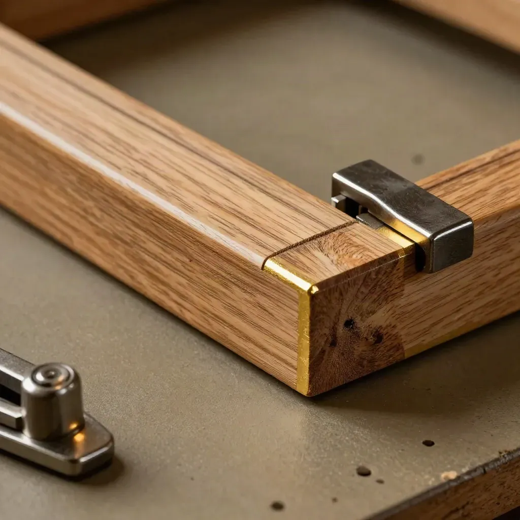 Macro of oak frame samples, gold leaf edge test, and a corner clamp on a workshop bench.