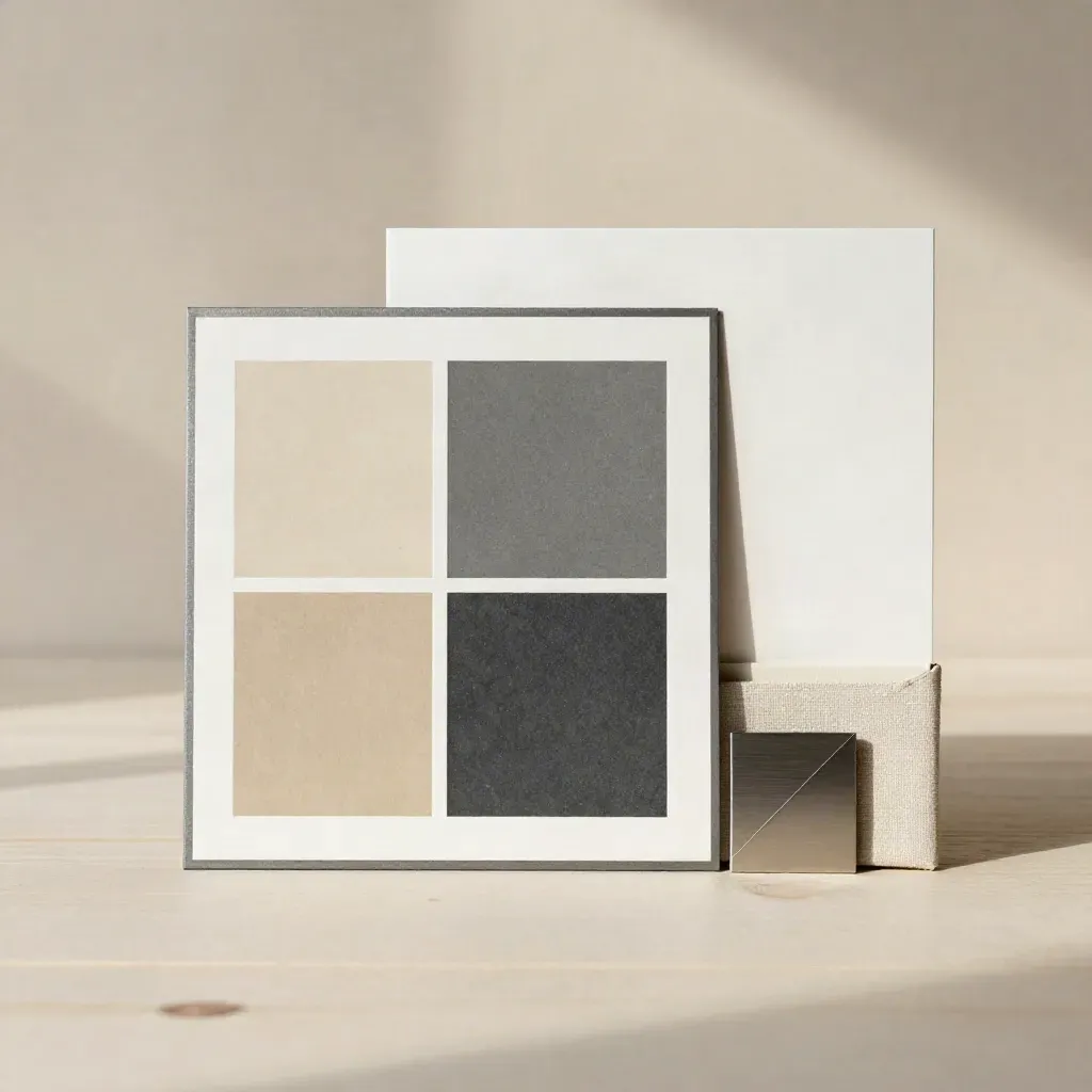 Overhead flatlay of miniature frame mockups, matboard chips, and a closed folio on pale wood.