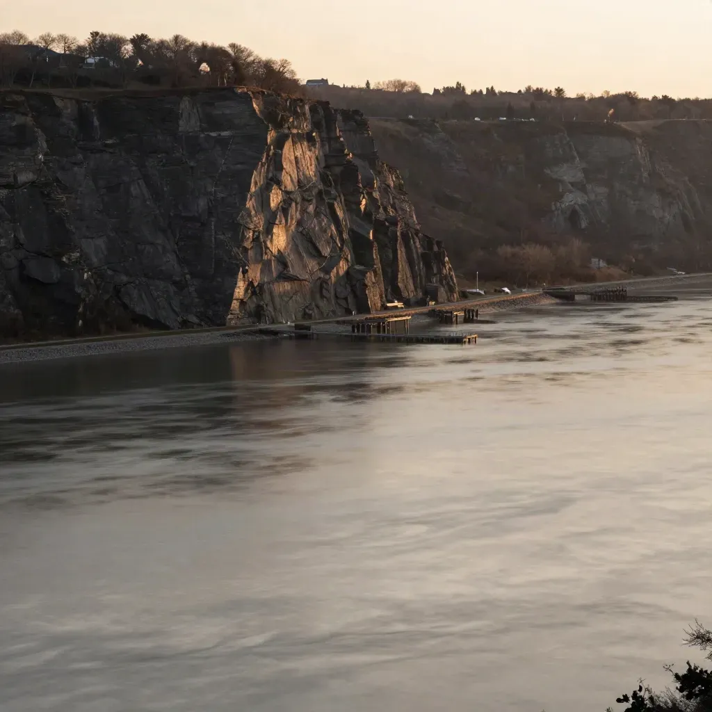 Hudson Palisades above a misty waterfront with a thin skyline at evening light